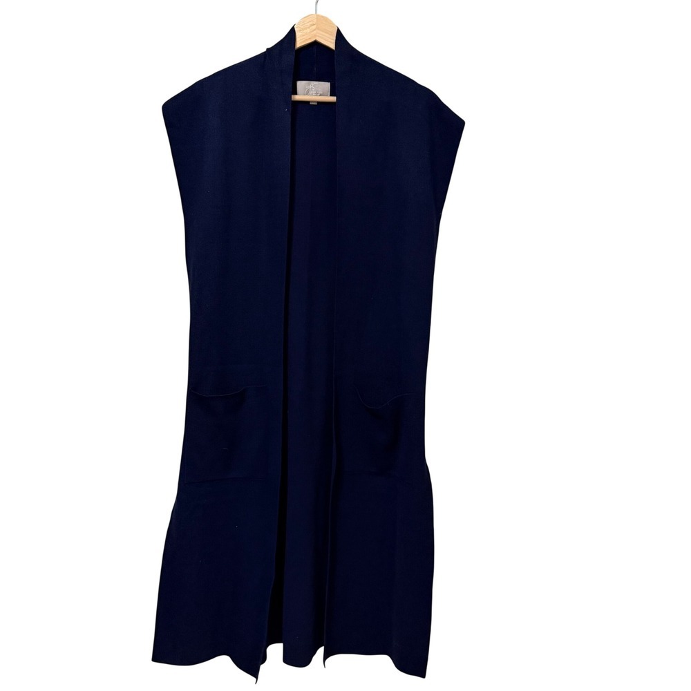 Joan Vass Navy Blue Longline Knit Vest Sleeveless Open Front Cardigan Small